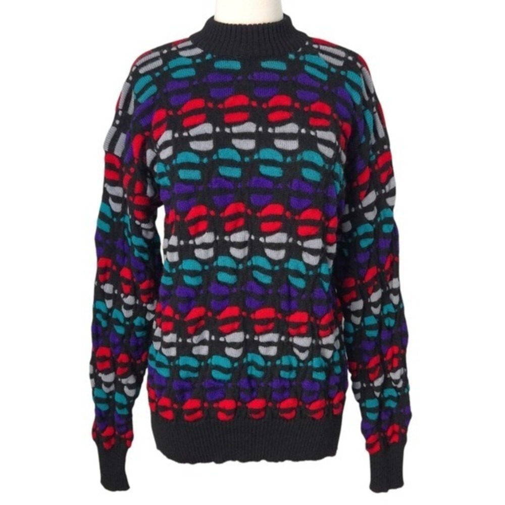 Ossi Skiwear Vintage 80s Black Red Purple Mock-Neck Chunky Wool Sweater- Men's L